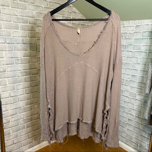 Free People Tops - Free people frayed draped taupe brown shirt lg